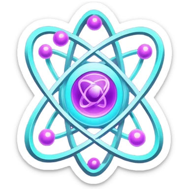 futuristic minimalistic logo icon, glowing atom core with orbiting energy rings, neon purple (#8B5CF6) and cyan (#00E0FF) glow, representing Atom team creativity and innovation, dark background, clean tech design, no face, 1:1 aspect ratio sticker