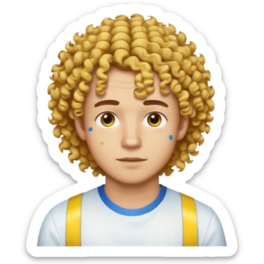 Make me an emoji that has a guy with a white shirt and yellow tape around the shirt with brown and blue spots hair make the hair curly make the yellow tape go around it sticker