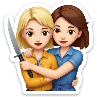 Two girls hugging and one with a knife and smirking  sticker