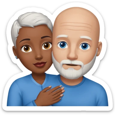 Talk bald white man with a white beard and blue eyes lovingly holding a black woman with brown eyes and grey hair sticker