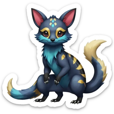 Rare exotic cute epic aesthetic colorful Salandit-Eevee-Civet-species-Fakemon-hybrid-creature, with markings, full body sticker