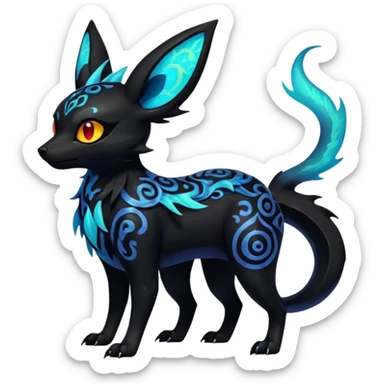 Shiny Fiery Dark Ugly Evil Realisitc Glowing Eldritch Horror Cool Edgy Badass Emo Glorious Demonic Batty Punky Aural Iridescent Fluorescent Bioluminescent Umbreon-Amaura-Salandit-Litten-Flareon-Fakémon-fusion (full body) with intricate pattern markings sticker