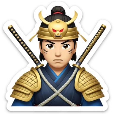 Cinematic Realistic Samurai Pop Culture Emoji, depicted with a noble, stoic portrayal of a samurai warrior rendered with crisp detail and dramatic, traditional lighting. sticker