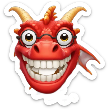 Crazy funny red dragon head with human white teeth and beautiful smile wearing glasses sticker