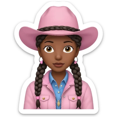Black hair and skin cowgirl with two braids and soft pink hat and jacket sticker