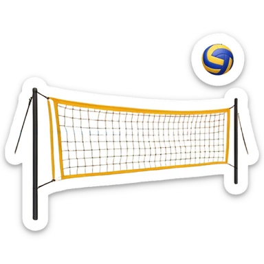 A volleyball net with a ball hovering above it, set against the backdrop of a sandy volleyball court. The scene highlights the tension of an impending play, with the court lines clearly visible and a bright, sunny atmosphere surrounding the action. sticker