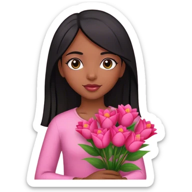 Brazilian girl straight hair with pink and red bouquet of flowers sticker