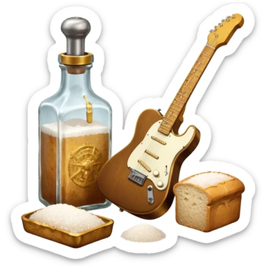 solarpunk ultra HD steampunk victorian - a bottle of salt (salt shaker) and a loaf of peasant bread with a small electric telecaster guitar - still life composition sticker