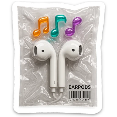 pair of white EarPods with three colorful transparent music notes in orange, teal, and violet arranged above, shiny and puffy sticker