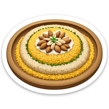 "Emoji of a Jordanian Mansaf dish — round platter with golden rice, lamb pieces, nuts on top, simple cute cartoon style, clean lines, white or transparent background." sticker