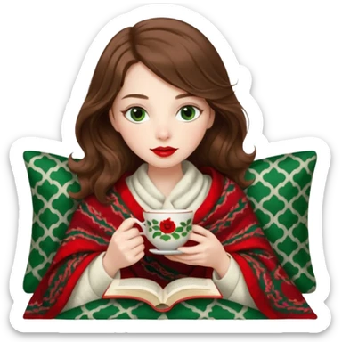 Long wavy brown haired, white skinned, dark green eyed girl with red lipstick wrapped in a blanket, sipping tea and reading a book sticker