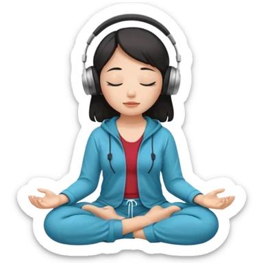 An East Asian woman🧘🏻‍♀️ is sitting cross-legged in a meditation pose, wearing Apple headphones🎧 and listening to music. The song is so beautiful that she has her eyes closed and tears streaming down her face. sticker