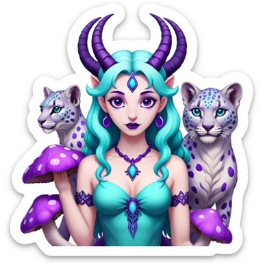 Feminine Scorpio Baphomet standing among trippy purple and teal mushrooms.. she’s petting a snow leopard  sticker