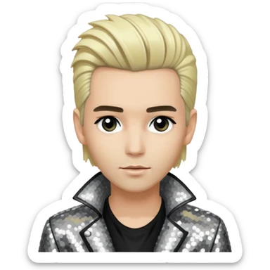  Bill Kaulitz from Tokio Hotel with blonde hair, silver sequin jacket, black shirt sticker