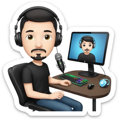 a setup of a youtuber, white skin, thin goatee, black short hair, with a desktop pc on a table, a gaming chair, microphone, white ring light sticker