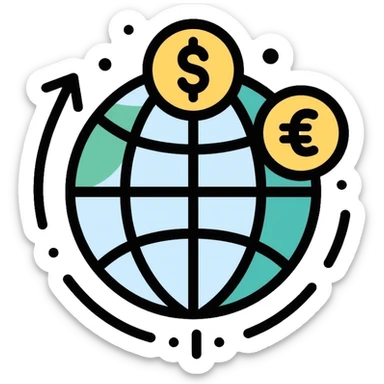 Globe with dollar, euro, and yen currency symbols representing global economy and international trade sticker