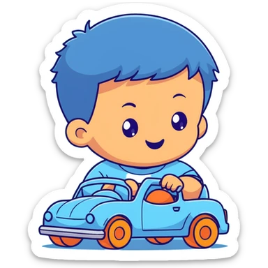 cute toddler boy with pastel blue clothes playing with a blue toy car sticker