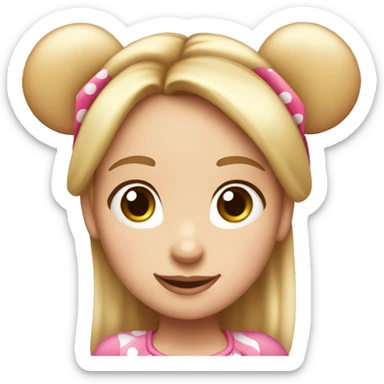 ￼ Burnett, light skinned girl with straight hair, wearing Minnie mouse ears that are pink and polkadot bow sticker