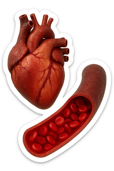 cuore anatomico umano fluttuano in aria insieme ad una vena umana con globuli rossi , iperrealistiche 4k sticker