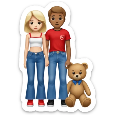 A boy and a girl teddy bear for the boy bear put on true religion shirt and jeans with black shoes and for the girl put flare jeans and a red tube top and white shoes just bears not the humans  sticker