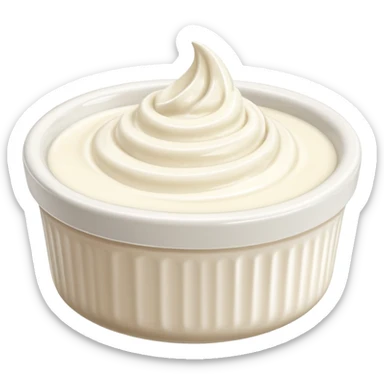 small dollop or swirl of thick creamy white crème fraîche, smooth slightly glossy surface, soft peaks, rich velvety texture, mild sheen, simple label-free ramekin or transparent cup, clean 3D look, soft lighting, no garnish or extra elements, no faces, emoji scale sticker