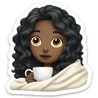 Pale Girl with wavy black hair cozy in a white blanket seeping tea  sticker
