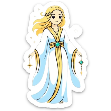 fullbody universe goddess Sophia, Ethereal Light Being, Made of starlight and fractals, Glowing white/gold skin with flowing translucent robes, Hair like galaxy mist, Jewelry made of stars and crystals sticker