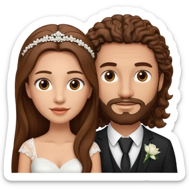 wedding couple woman with long straight brown hair and eyes man with long brown curly hair and facial hair sticker