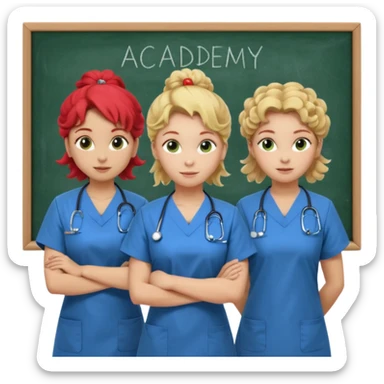 3 nurses: nurse 1 is wearing green work clothes, curly hair, middle european. nurse 2 is wearing blue work clothes, blond straight hair, scandinavic, nurse 3 is wearing white work clothes, red hair put into a bun, slavic. they all stand in a classroom, "Academy" written in white on board sticker