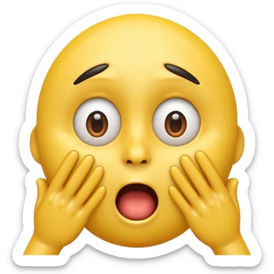 A 3D glossy yellow emoji of a shocked horrified face, with mouth and eyes are wide open, eyebrows  raised, and hands against their cheeks, face without nose, black background, high quality, soft studio lighting sticker