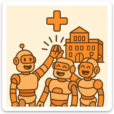 fun, flat icon showing a team of smiling robots high-fiving in front of a stylized orange headquarters, with a big orange plus sign above, playful, orange-themed, suitable for a B2B SaaS LLM evaluation Slack workspace sticker