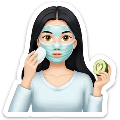 White girl with long black hair applying face mask, self care skincare routine sticker