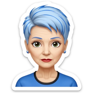 reife frau, achtzigJahre alt kein kind! freche extreme schwarze Kurzhaarfrisur eine Seite wirklich fast keine Haare andere Seite mit blauer Strähne kurze Seite noch viel kürzer sticker