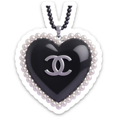 glossy black heart with a string of pearls around it, featuring a silver Chanel logo in the center, elegant, black and white color scheme sticker