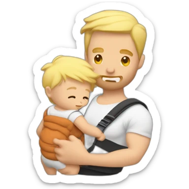 Muscular blonde man wearing a baby in a baby carrier with broad shoulders and short scruffy hair and the back of babies head just visible sticker