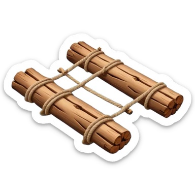 showing a simple wooden raft floating on calm blue water — made of several brown logs tied together with rope — gentle ripples around it — bright, cheerful lighting and soft shadows — minimalist, clean emoji design sticker