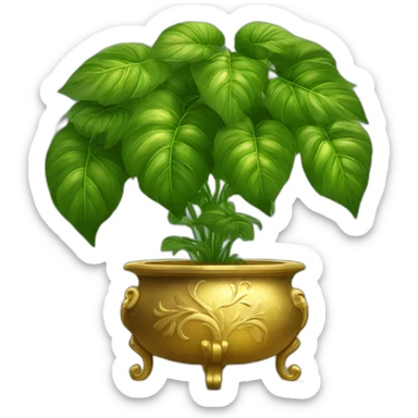 divine plant with big leaves in a golden flower pot on a stand with four feer sticker