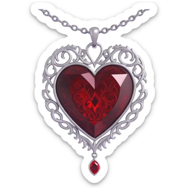 gothic heart, black velvet texture, silver chain, blood red gemstone, ornate and dramatic style, swirling dark mist sticker