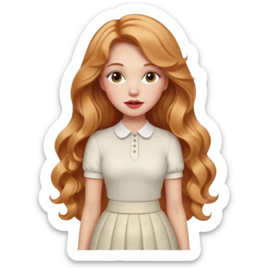 white woman  with strawberry blonde super long wavy hair, white skirt, blushed cheeks sticker