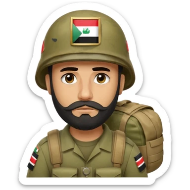 A very tired and sad, swarthy Iraqi soldier with a beard, an Iraqi flag on his helmet, a sad expression and bags under his eyes sticker