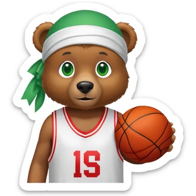 Cool brown bear with green eyes in a white silk durag and red basketball jersey showing just the top shoulders and collar, iOS emoji style sticker