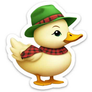 cute fluffy chubby baby farmer duck with hand and wear green hat and red checkered shirt sticker