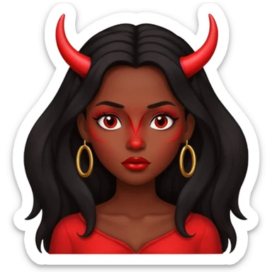 A skin red girl's face with cheekbones, long black hair, small red horns, big lips sticker