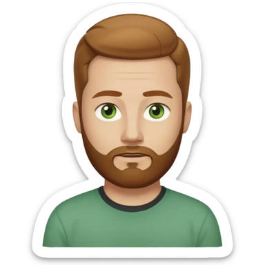 A young man with short light chestnut hair slicked back, a medium-length thick beard, and light green eyes. Fair skin, oval face, neutral expression. Wearing a dark t-shirt, plain light (white or gray) background. Shoulder-up front portrait. sticker