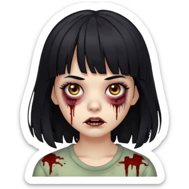 Zombie girl, black hair with bangs, slightly wavy, layered haircut,long hair,long eyelashes, black eyes,iOS style sticker