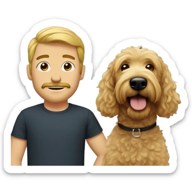 A blonde man, with a goatee and a mustache, with a black goldendoodle sticker