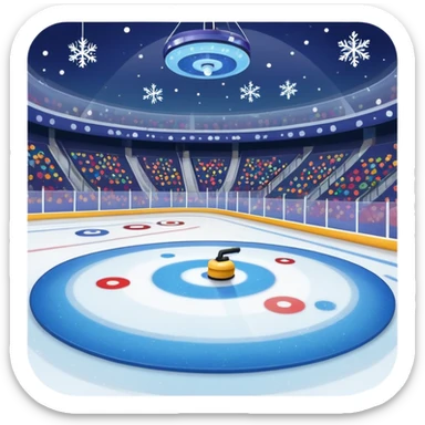 please, An icon featuring the curling rink, with its distinctive circles, and a vibrant crowd in the stands. Snowflakes fall outside the arena, and bright lights illuminate the ice. a curling stone sliding across the ice, with a broom nearby. Transparent background. sticker