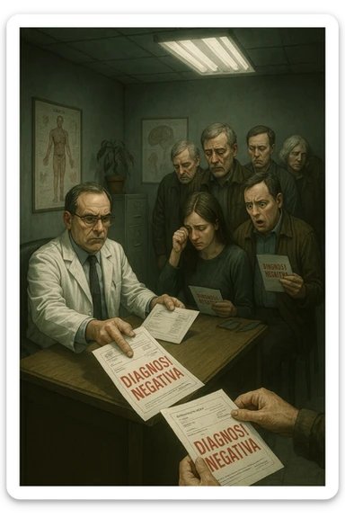 A realistic, cinematic illustration set in a dull, grey-toned medical office. A middle-aged male doctor in a white coat with a stern, cold expression is seated at his desk, handing out medical reports with large red ‘Negative Diagnosis’ stamps to each patient in line. The patients, of various ages and appearances, stand in a line, each looking increasingly sad, defeated, and demoralized as they receive their papers, with slumped shoulders and empty gazes. One young woman wipes away a tear, while a man stares at the paper in shock. The background shows medical posters, a faded plant, and harsh fluorescent lighting, emphasizing the cold, mechanical environment. The mood is heavy, illustrating how negative diagnoses delivered without empatia can deeply affect the mental health and morale of patients. The style is realistic, with subtle filmic grain, emphasizing emotional impact and the weight of medical words on people’s lives.in italiano sticker