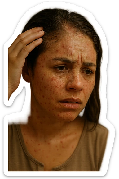 A highly realistic, cinematic close-up portrait of a young woman in her late 20s with medium skin tone, displaying visible folliculitis and seborrheic dermatitis. Small, red, inflamed follicular papules and pustules are scattered along her hairline, jawline, and upper neck, indicating folliculitis. Her scalp and areas around the nose and eyebrows show flaky, greasy yellowish scales, with redness and irritation, indicating seborrheic dermatitis. Her hair appears slightly greasy and clumps near the scalp, emphasizing excess sebum production. She gently touches her irritated scalp with concern while looking at herself in a softly lit bathroom mirror, expressing discomfort and frustration. The environment is neutral and clean, with daylight softly illuminating the scene to highlight the skin and scalp texture. The style is 35mm hyperrealistic, with warm neutral tones and shallow depth of field to maintain focus on her skin, inflammation, and emotional expression, visually explaining the physical discomfort and aesthetic concerns of living with folliculitis and seborrheic dermatitis sticker