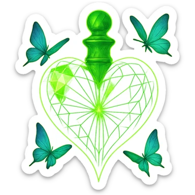 Remove the background fully to make it transparent. Keep only the heart-shaped bottle and butterflies. Add a strong glowing aura around the object with neon green color. The background must be fully transparent (PNG). sticker